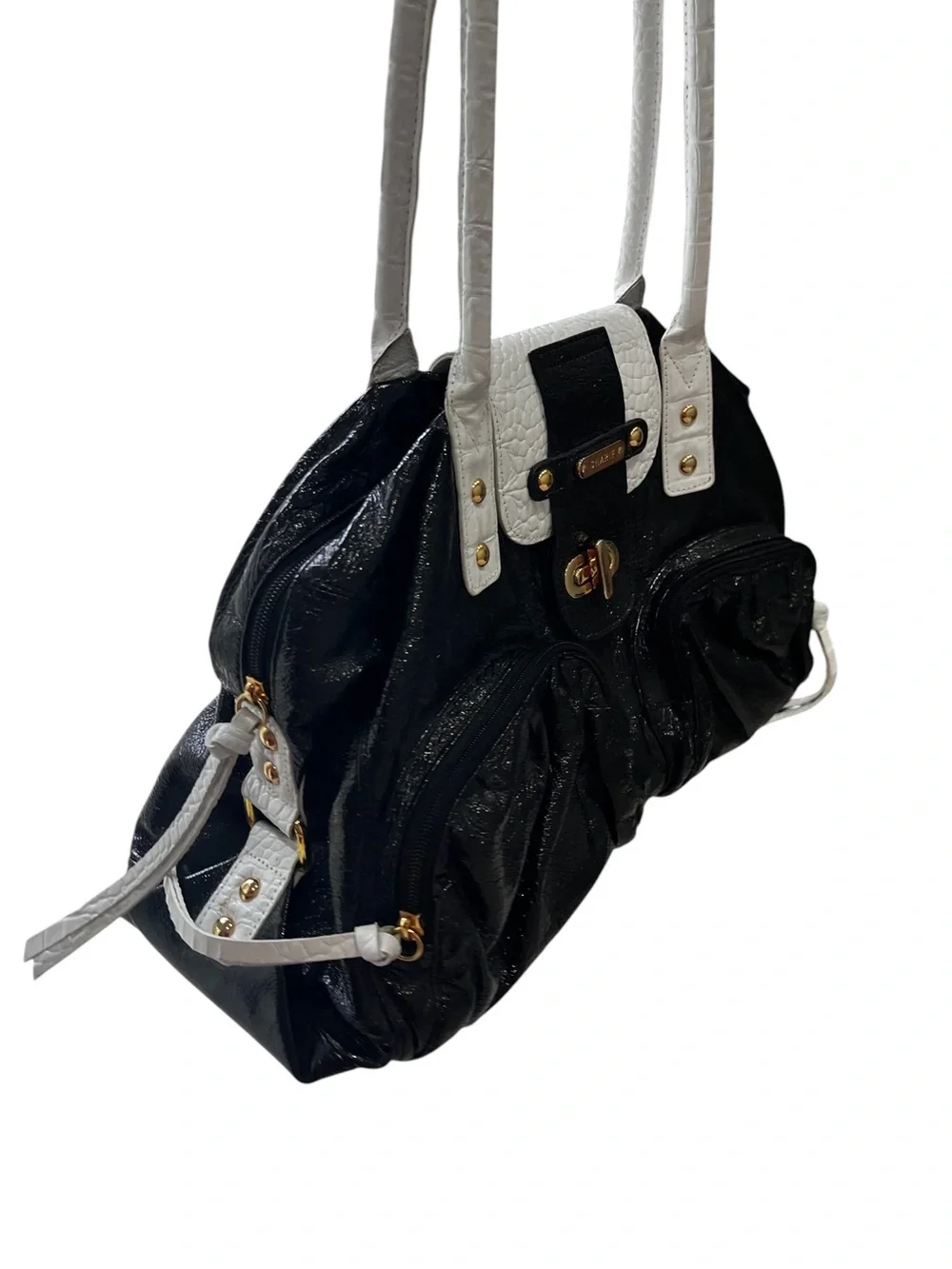 Sharif Studio Black White Faux Croc Patent Large Satchel Bag w/ Gold Hardware